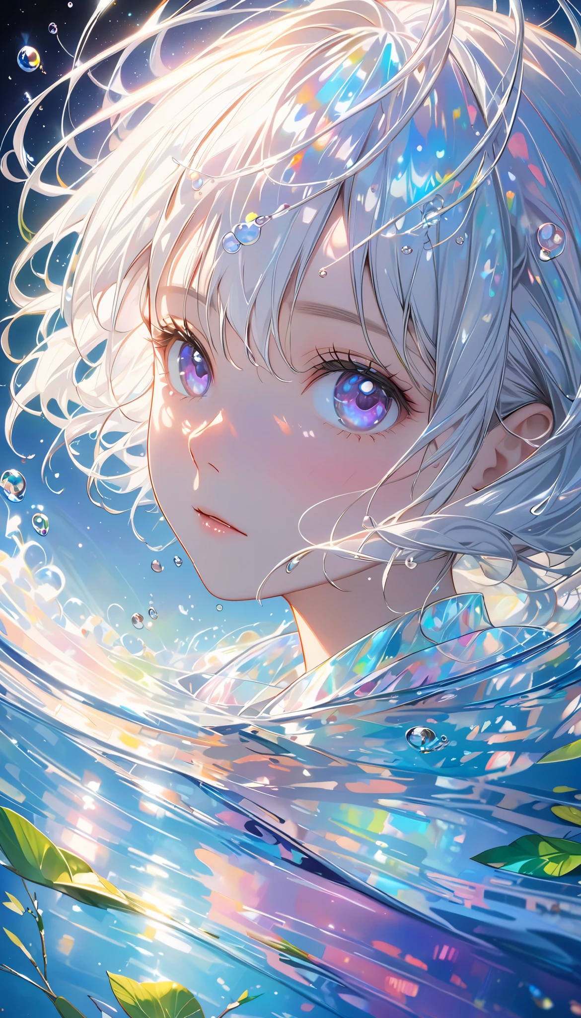    girl with short white hair is swimming in the starry sky ,   ultra high resolution rendering style  ,Shine,   purple   ,green,Brush,Realistic oil painting,Shine瞳,     head close-up     ,     Exaggerated Perspective          ,     Tyndall effect,     water drop   ,Pearl shell iridescence,     Holographic White     ,     black background，Chamber mint ,Komori Meto,Fleeting Expression