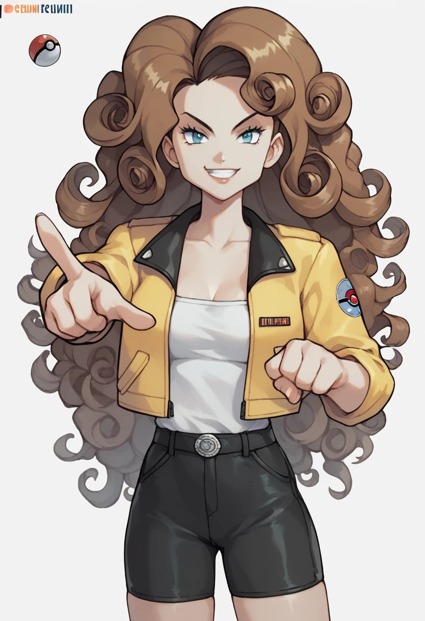 a woman in her 20, she has curly brown darkish hair, brown curly hair, (curly hair) long hair, no fring, she has a biker black shorts, pale skin, with a smug attitude, she has a powerful aura, with hazelnut color eyes, wears a white blouse and a black polyester jacket with a white logo, she has small breast, she is in the style of drawing of pokemon, (ken sugimori style), very defiant pose, pokemon humans style, simple style, no shadows, thick line art, pointing at the horizon pose, a pokeball on her hand