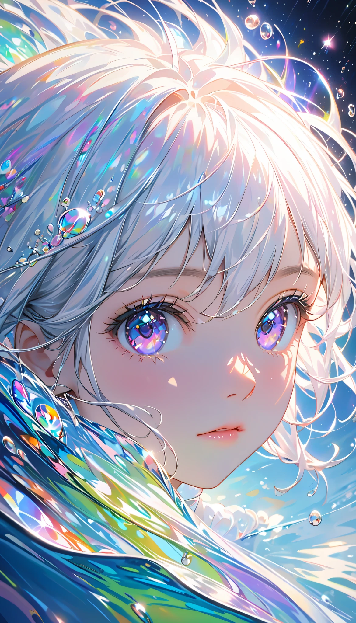    girl with short white hair is swimming in the starry sky ,   ultra high resolution rendering style  ,Shine,   purple   ,green,Brush,Realistic oil painting,Shine瞳,     head close-up     ,     Exaggerated Perspective          ,     Tyndall effect,     water drop   ,Pearl shell iridescence,     Holographic White     ,     black background，Chamber mint ,Komori Meto,Fleeting Expression