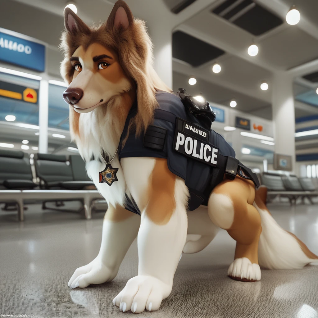 score_9, score_8_up, score_7_up, score_6_up, adult, very long haired, saddleback, tan, white, anthro, furry, shepherd dog, wearing a black police vest, airport cargo room, walking on all fours, crouching, quadruped 