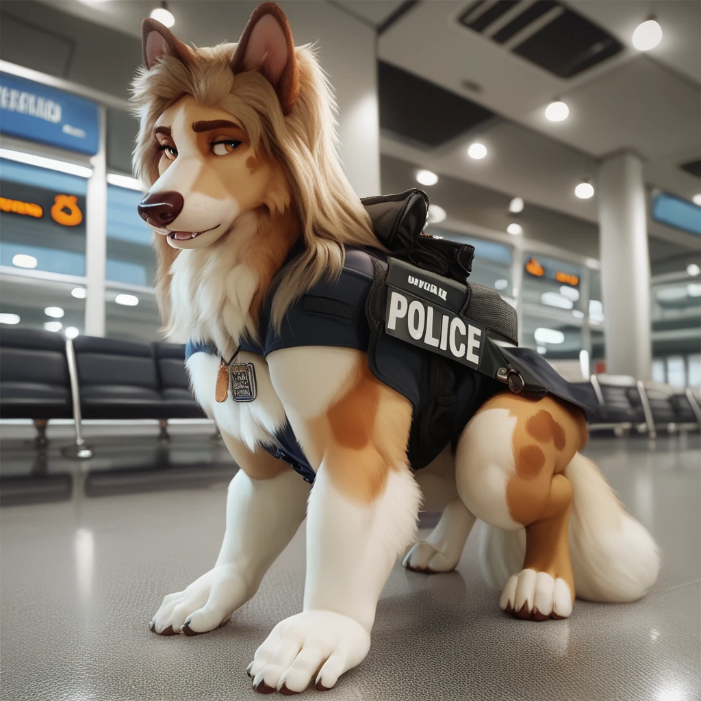 score_9, score_8_up, score_7_up, score_6_up, adult, very long haired, saddleback, tan, white, anthro, furry, shepherd dog, wearing a black police vest, airport cargo room, walking on all fours, crouching, quadruped 