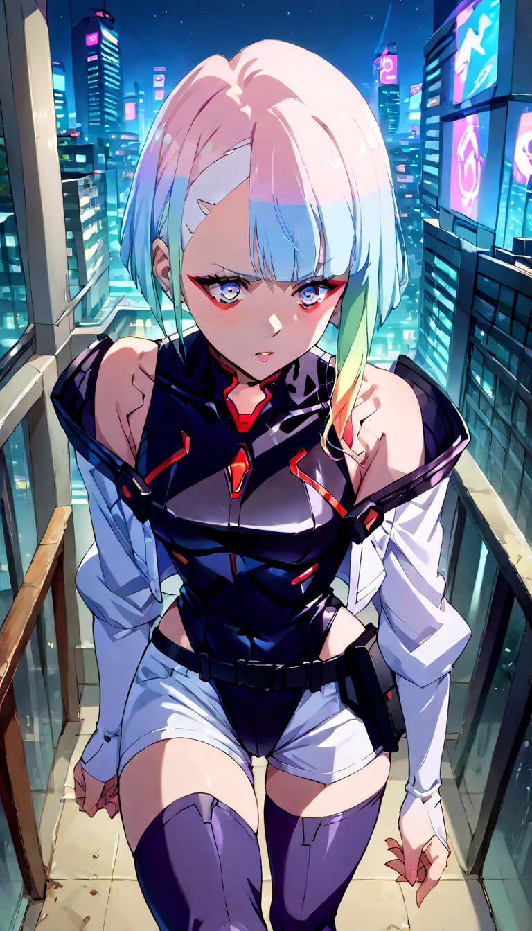 score_9, score_8_up, score_7_up, score_6_up, score_5_up, score_4_up, source_anime, BREAK, 1girl, lucy, short hair, bangs, multicolored hair, multicolored eyes, red eyeliner, makeup, bare shoulders, black belt, bodysuit, highleg leotard, white open jacket, white short shorts, hip vent, thighhighs, cyberpunk, city, dark, night, neon lights, (perspective, deep of field:1.2), leaning forward, medium breast, outdoors, (above:1.2), cityscape, rooftop, pov, wind, make up ,holding railing, side view, (leg up:1.2)