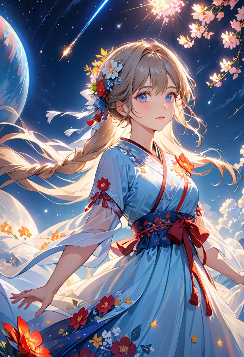  best quality,  best quality, 8k,  very detailed, Delicate, dynamic  ,  Very Delicate Expression ,  delicate eye depiction,  upper body close-up, Healthy body shape, 22-year-old woman, Aristocratic woman,  170 cm , Colorful floral decoration, Wrap the whole body in a translucent cloth, Colorful long dresses,  I'm looking at this,  starry sky , meteor, planet,  detailed illustrated art including backgrounds,