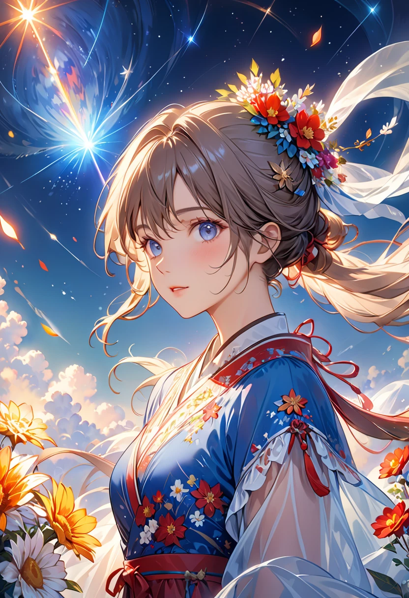  best quality,  best quality, 8k,  very detailed, Delicate, dynamic  ,  Very Delicate Expression ,  delicate eye depiction,  upper body close-up, Healthy body shape, 22-year-old woman, Aristocratic woman,  170 cm , Colorful floral decoration, Wrap the whole body in a translucent cloth, Colorful long dresses,  I'm looking at this,  starry sky , meteor, planet,  detailed illustrated art including backgrounds,