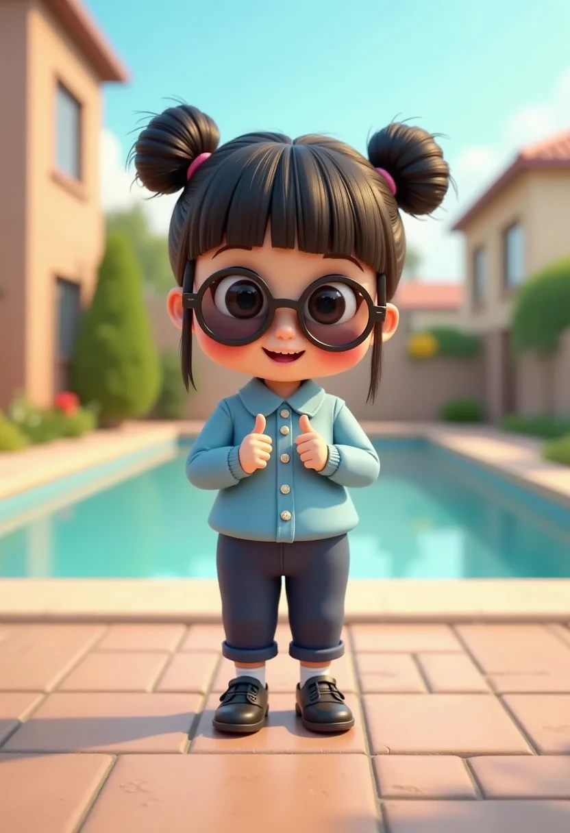 ((picture taken from the front))
The style is 3D animation with a Vibrant color palette, in 3 D animation image of a cute and adorable with her hair into two buns on top and bangs, wearing a light blue police uniform and black trousers, black shoes, very complete with a police badge, wearing sunglasses, standing, pointing her ring finger forward.