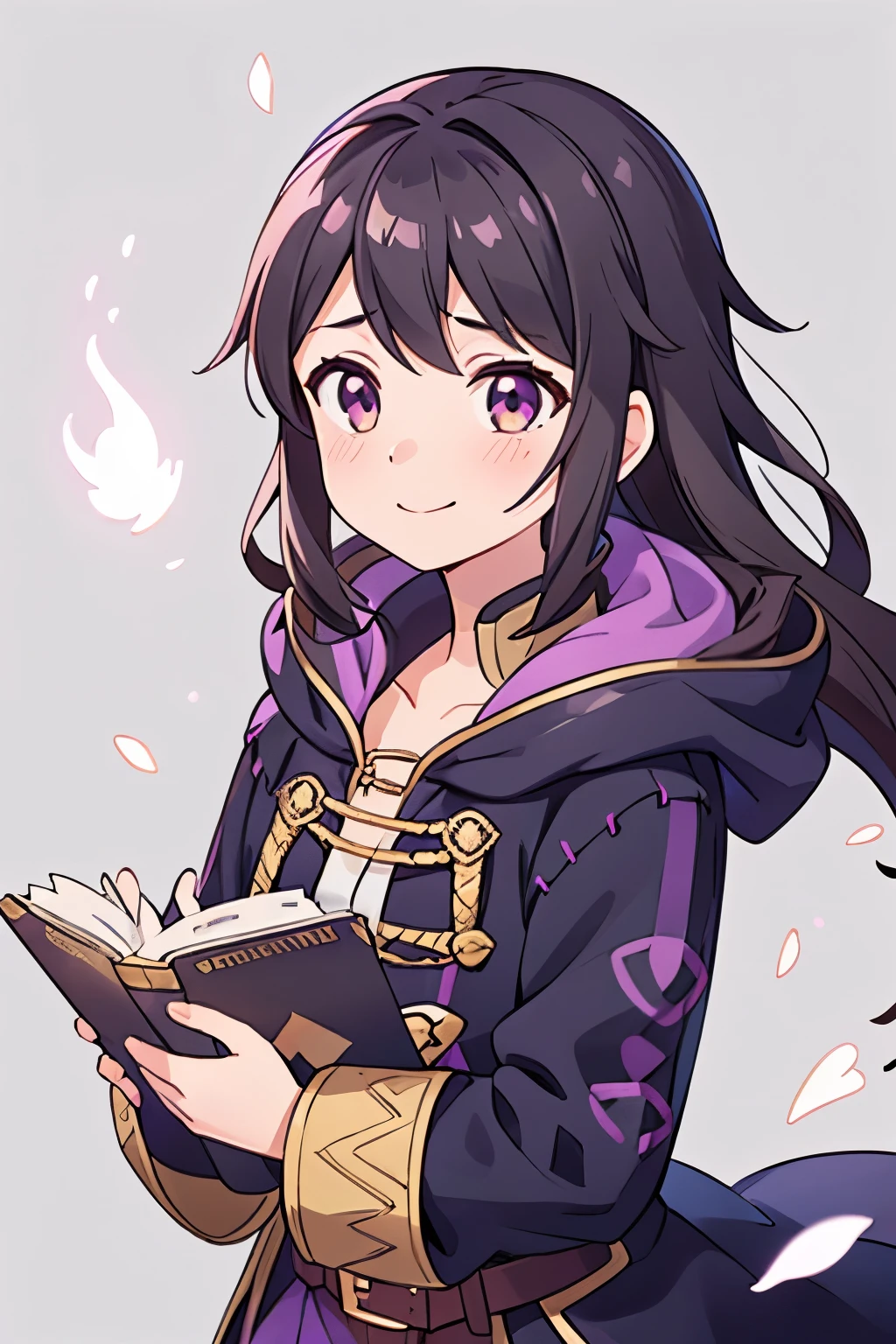 (high-quality, breathtaking),(expressive eyes, perfect face) 1girl, female, solo, portrait, Fire Emblem Awakening, Symmetrical Eyes, open field background, Robin (Fire Emblem: Awakening), dark Brown hair color, long hair length, messy wavy hair, hair ornament, upper body, pink eyes, Black and purple robe, gold trim, hood, white shirt, brown belt, positive expression, cute smile, detailed eyes, adorable face, short height, Cult of Grima, Fell Dragon Grima, Arms down, female robin (fire emblem), dark brown hair, flower petals, braided bang, ribbon in hair, grey background, gradient background, small, holding a book
