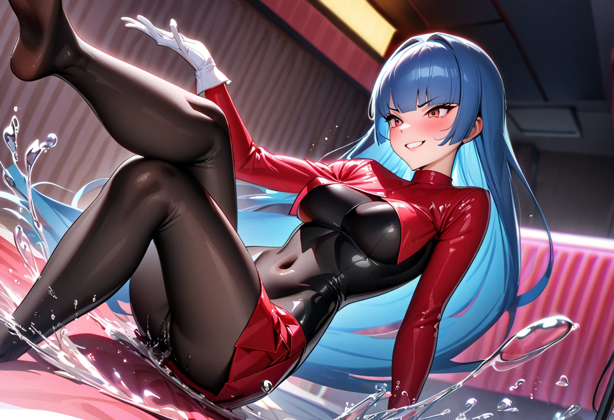 NSFW,frlgsab, blue hair, blunt bangs, very long hair, black bodysuit, red turtleneck, crop top, covered navel, red sleeves, red skirt, white gloves, black pantyhose、A mean smile、Telekinesis、Splashing 、 crosses legs、Inside a love hotel