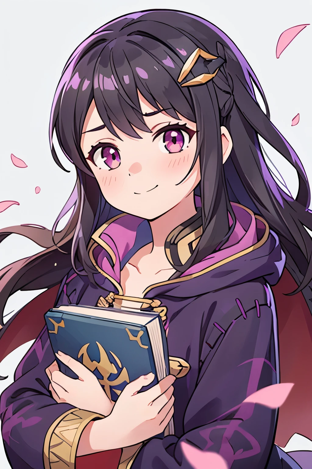 (high-quality, breathtaking),(expressive eyes, perfect face) 1girl, female, solo, portrait, Fire Emblem Awakening, Symmetrical Eyes, open field background, Robin (Fire Emblem: Awakening), dark Brown hair color, long hair length, messy wavy hair, hair ornament, upper body, pink eyes, Black and purple robe, gold trim, hood, white shirt, brown belt, positive expression, cute smile, detailed eyes, adorable face, short height, Cult of Grima, Fell Dragon Grima, Arms down, female robin (fire emblem), dark brown hair, flower petals, braided bang, ribbon in hair, grey background, gradient background, small, holding a book
