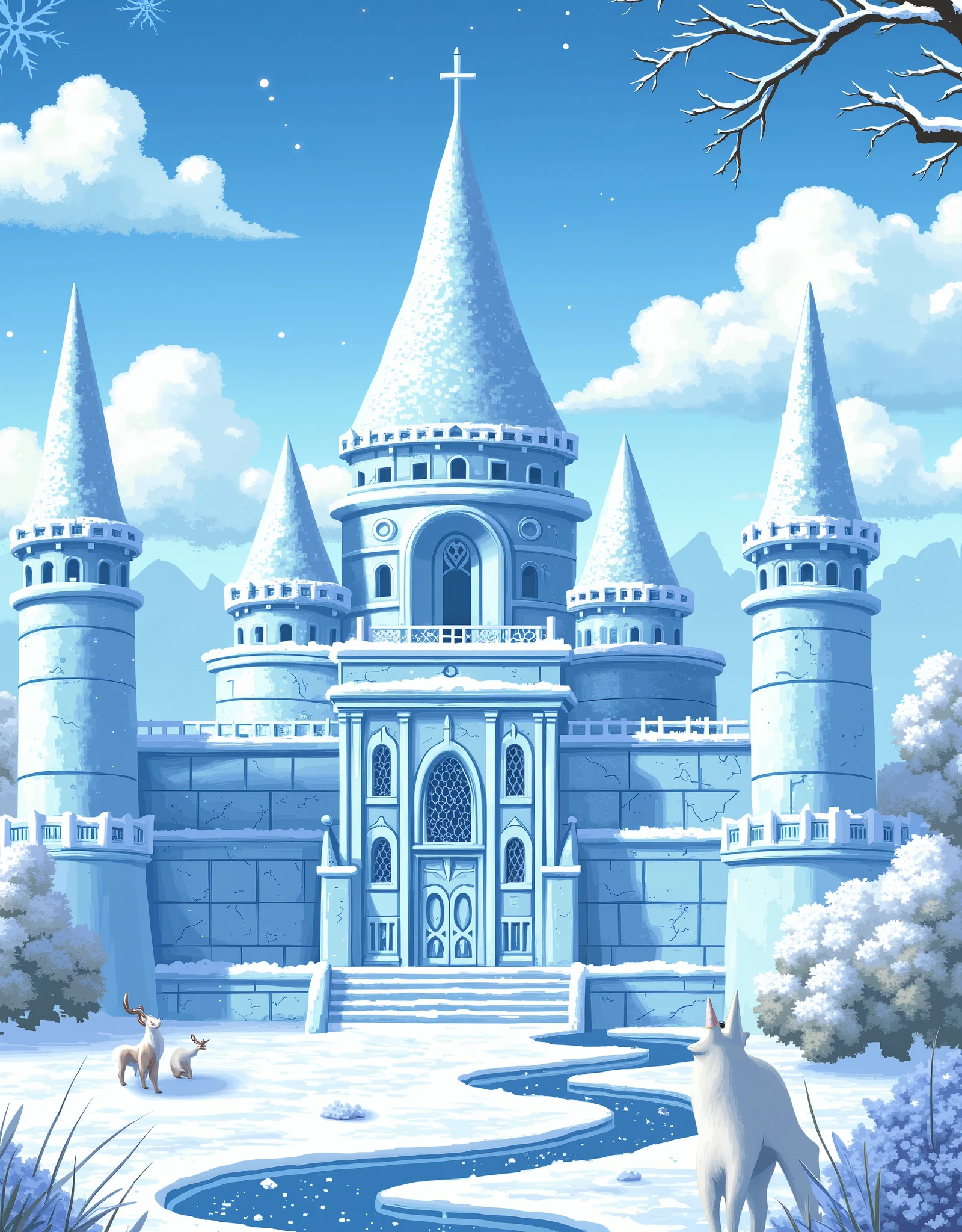 Beautiful seaneary, Ice Kingdom, big gate, terrace, cone towers, from story book, snowfall, Pixel art, beautiful white snow flake design kingdom, big kingdom , full kingdom, high quality,full view,view from above, masterpiece, 