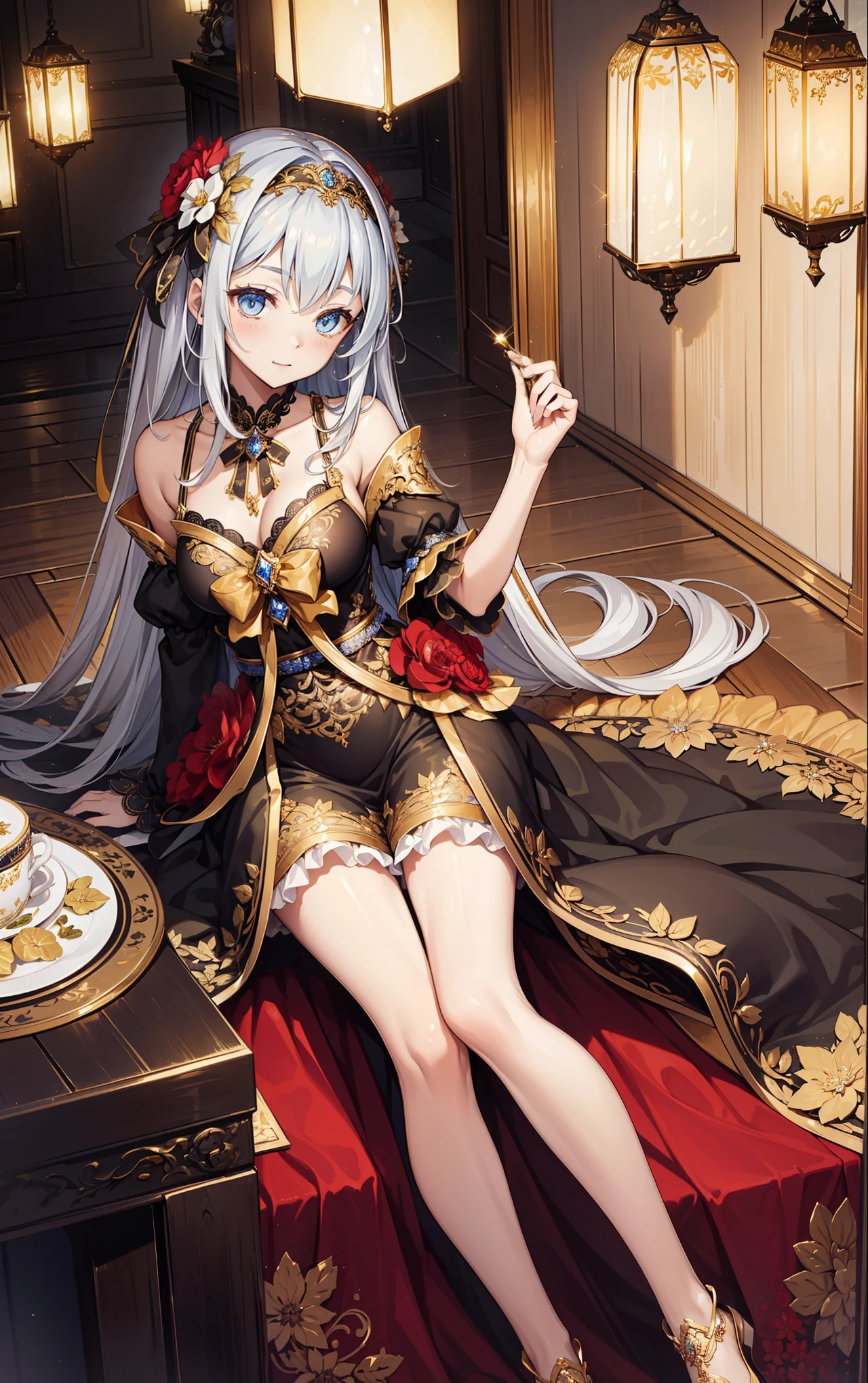 1girl, see-through, négligé, Ornate ornaments, sleeping quarters, Clothes that are transparent and show skin,