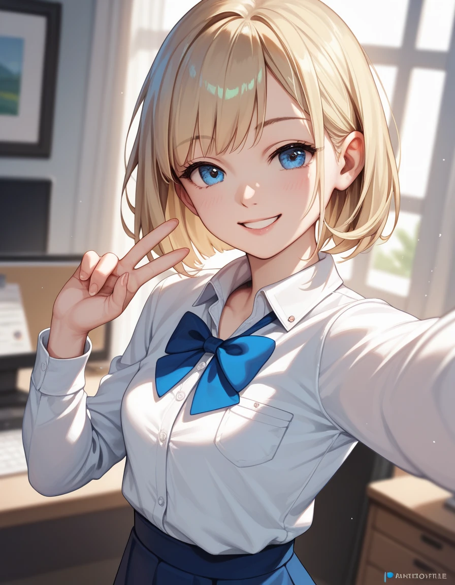 (masterpiece, best quality, long shot, detailed finger, soft light), Selfie angle, 1 woman, 29 years old, small breast, blonde hair, medium bob hairstyle, blue dress shirts, office skirts, little smile