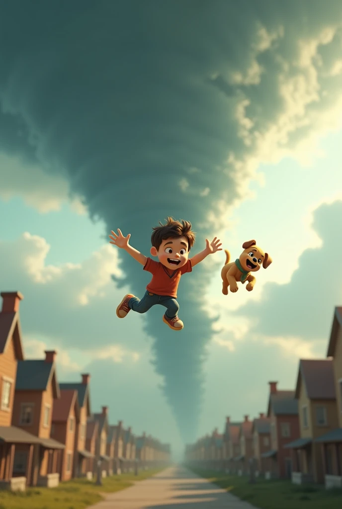 Surrealism, theme "tornado storm", 3D animation, a boy flying high in the sky with a puppy in a tornado storm, the town where the boy lives can be seen below, the tornado approaches the town, the boy and dog look happy, both the dog and the boy flap their arms and legs and seem to be swimming in the sky, comical scene, sophisticated design, 8K quality