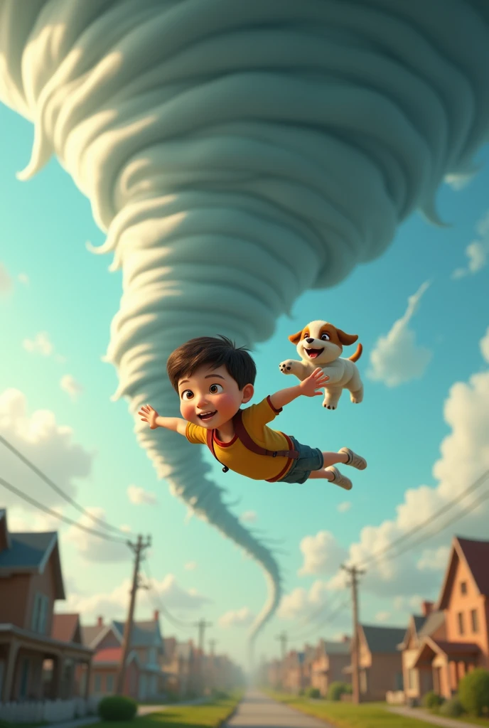 Surrealism, theme "tornado storm", 3D animation, a boy flying high in the sky with a puppy in a tornado storm, the town where the boy lives can be seen below, the tornado approaches the town, the boy and dog look happy, both the dog and the boy flap their arms and legs and seem to be swimming in the sky, comical scene, sophisticated design, 8K quality