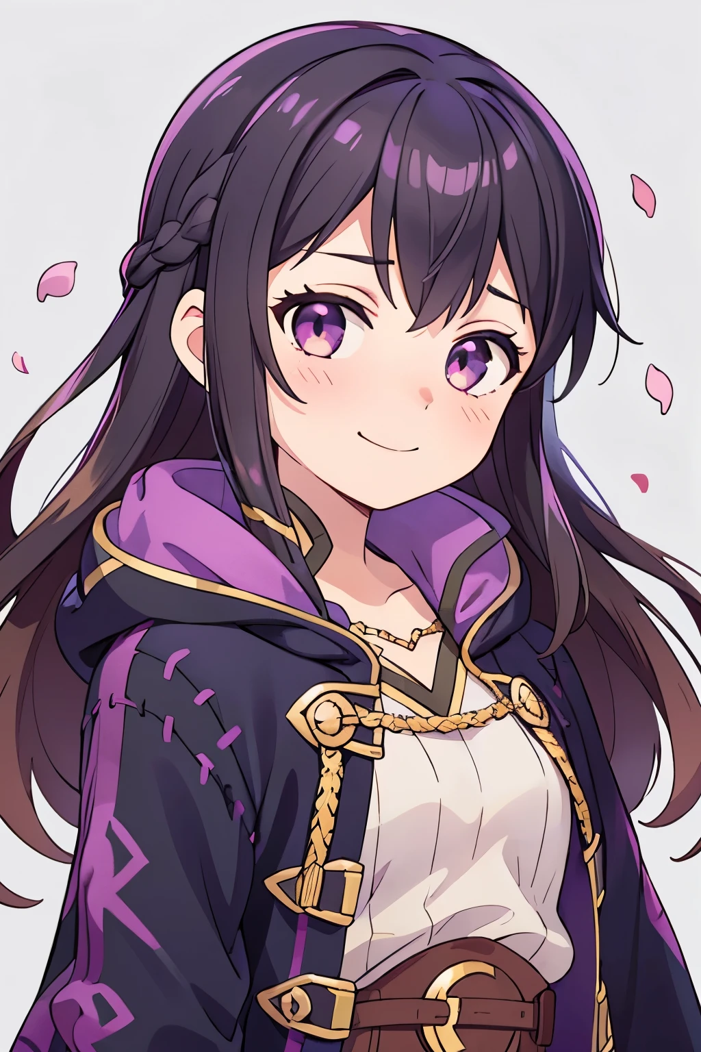 (high-quality, breathtaking),(expressive eyes, perfect face) 1girl, female, solo, portrait, Fire Emblem Awakening, Symmetrical Eyes, open field background, Robin (Fire Emblem: Awakening), dark Brown hair color, long hair length, messy wavy hair, hair ornament, upper body, pink eyes, Black and purple robe, gold trim, hood, white shirt, brown belt, positive expression, cute smile, detailed eyes, adorable face, short height, Cult of Grima, Fell Dragon Grima, Arms down, female robin (fire emblem), dark brown hair, flower petals, braided bang, ribbon in hair, grey background, gradient background, small
