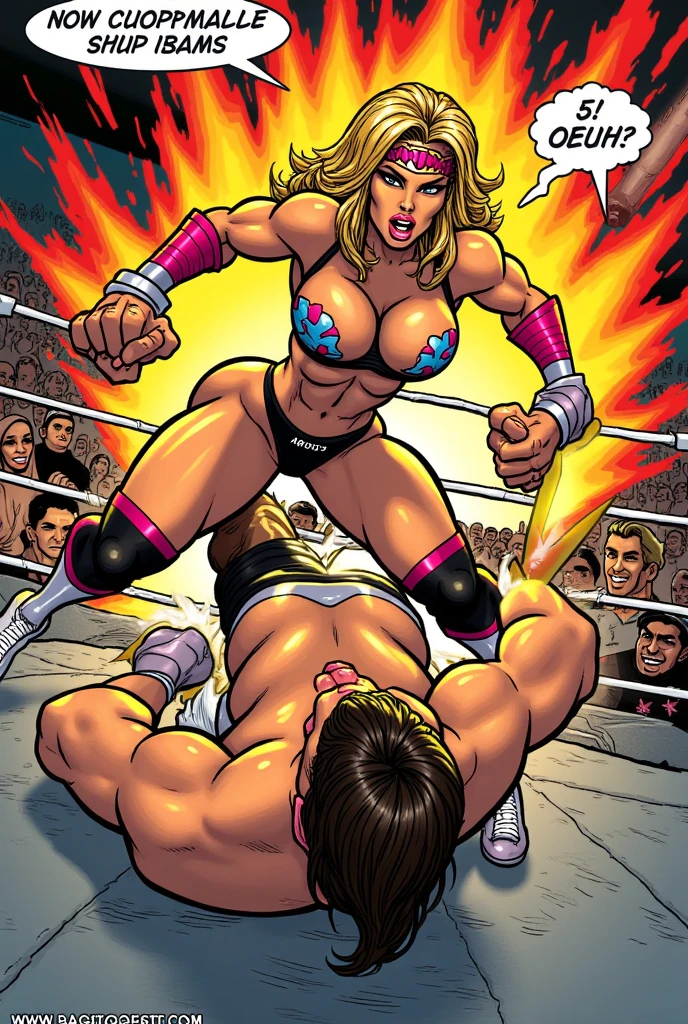 NSFW, Wonder Woman in a wrestling ring, both are fit with large breasts, bimbos, wearing a string thongs, boots, sultry face , topless, massive big breasts 