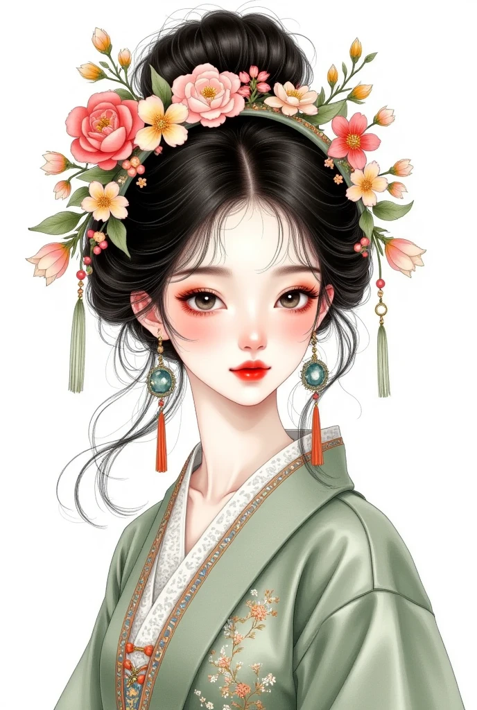 watercolor： Pretty girl portrait  ，Black Hanfu，clothing。  flowers cover your eyes，   messy hair ，flowing headband