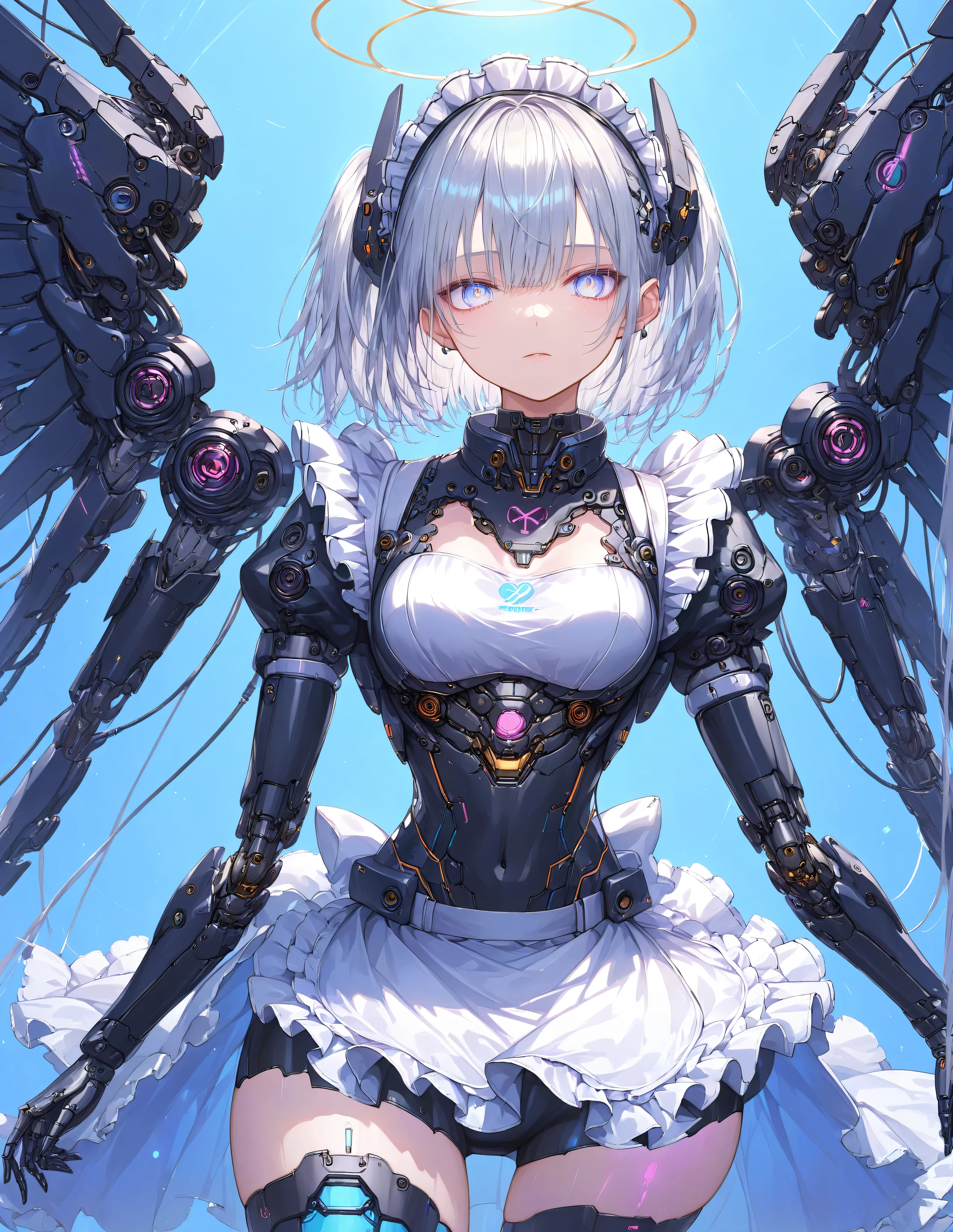 Masterpiece,Top Quality,High Resolution,Ultra-Definition Illustration,detailed background,detailed skin,detailed face,detailed eye,sci-fi,cyberpunk,1-girl,cyborg,small chest,(expressionless:1.2),(maid:1.6),(maid Apron:1.4), Silver hair, White eyes, Partially human skin, Clean legs, Mechanical power suit, Mechanical body suit, Mechanical arms, Mechanical wings, Android lab, Metallic sheen,(Glowing neon:1.2), Cinematic angles