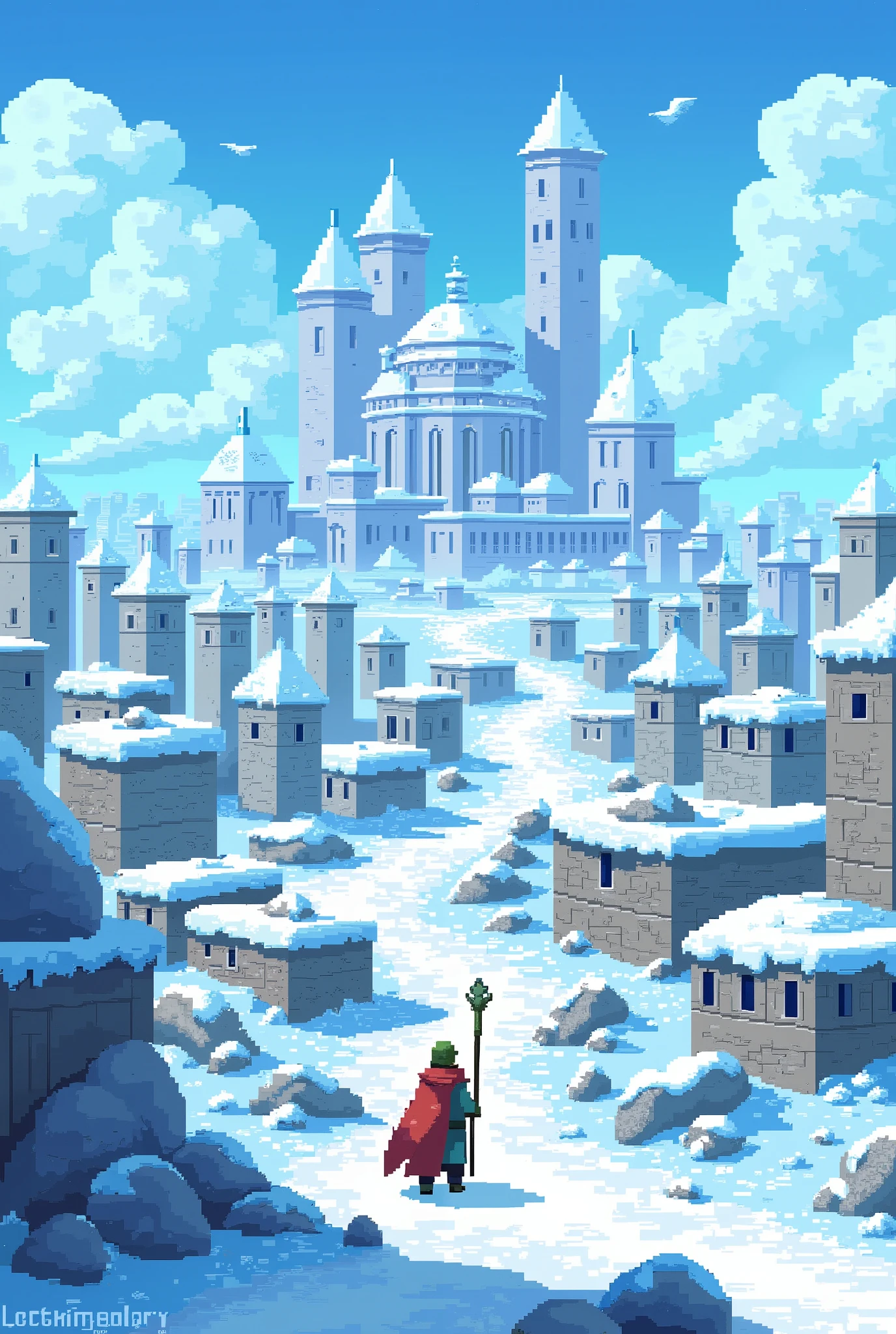 (Ice Kingdom:2.0), pixel art ,64-bit games,rpg,Pixel art,(Overlooking),city,Town,Hero, monster 