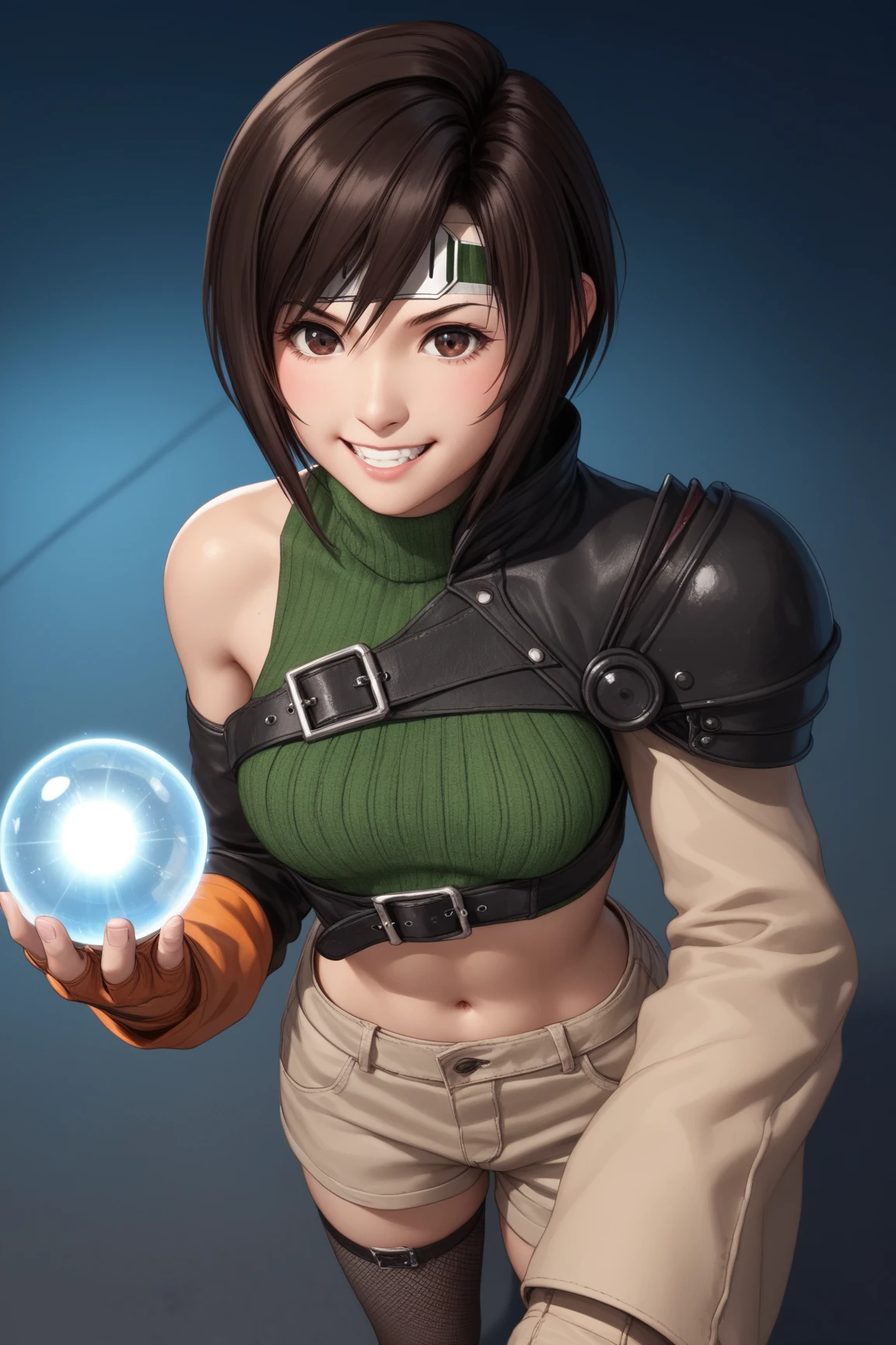 ,solo,1girl\(cute,kawaii,(FFYuffie:1.3),big eyes,grin,smirk,brown hair, short hair, brown eyes, fishnets, ninja outfit, midriff, perky breasts, slim body,(dynamic pose:1.3),holding beautiful orb\(materia,crystal\)\). (from above), background\(midnight,,dark night,cyberpunk,steampunk,huge Factory\),(dynamic angle:1.3),,landscape. score_9, score_8_up, score_7_up, score_6_up, score_5_up, score_4_up, source_anime,source_furry,rating_safe,rating_questionable,masterpiece, best quality, perfect anatomy , very aesthetic , absurdres ,