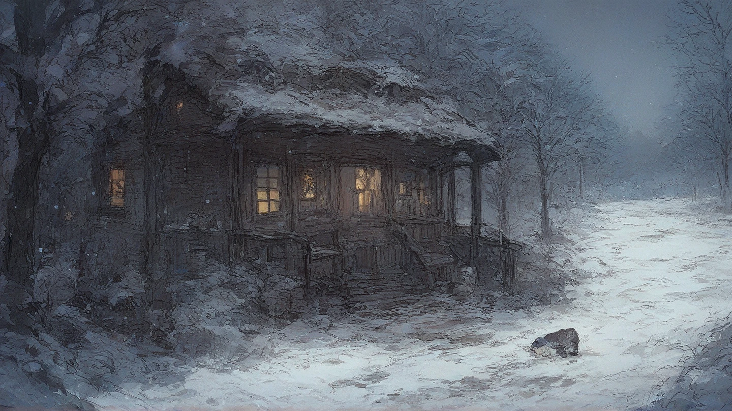 black souls style, 1girl, crying over his father's grave, during the snowy night, in a snowy meadow