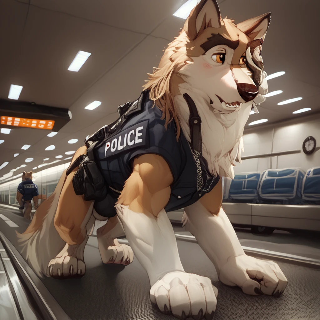 score_9, score_8_up, score_7_up, score_6_up, adult, very long haired, saddleback, tan, white, anthro, furry, wolf, wearing a black police vest, airport cargo room, walking on all fours, crouching, quadruped, white snout 