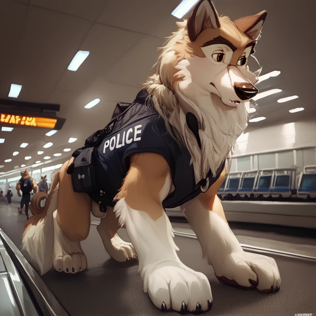 score_9, score_8_up, score_7_up, score_6_up, adult, very long haired, saddleback, tan, white, anthro, furry, wolf, wearing a black police vest, airport cargo room, walking on all fours, crouching, quadruped, white snout 