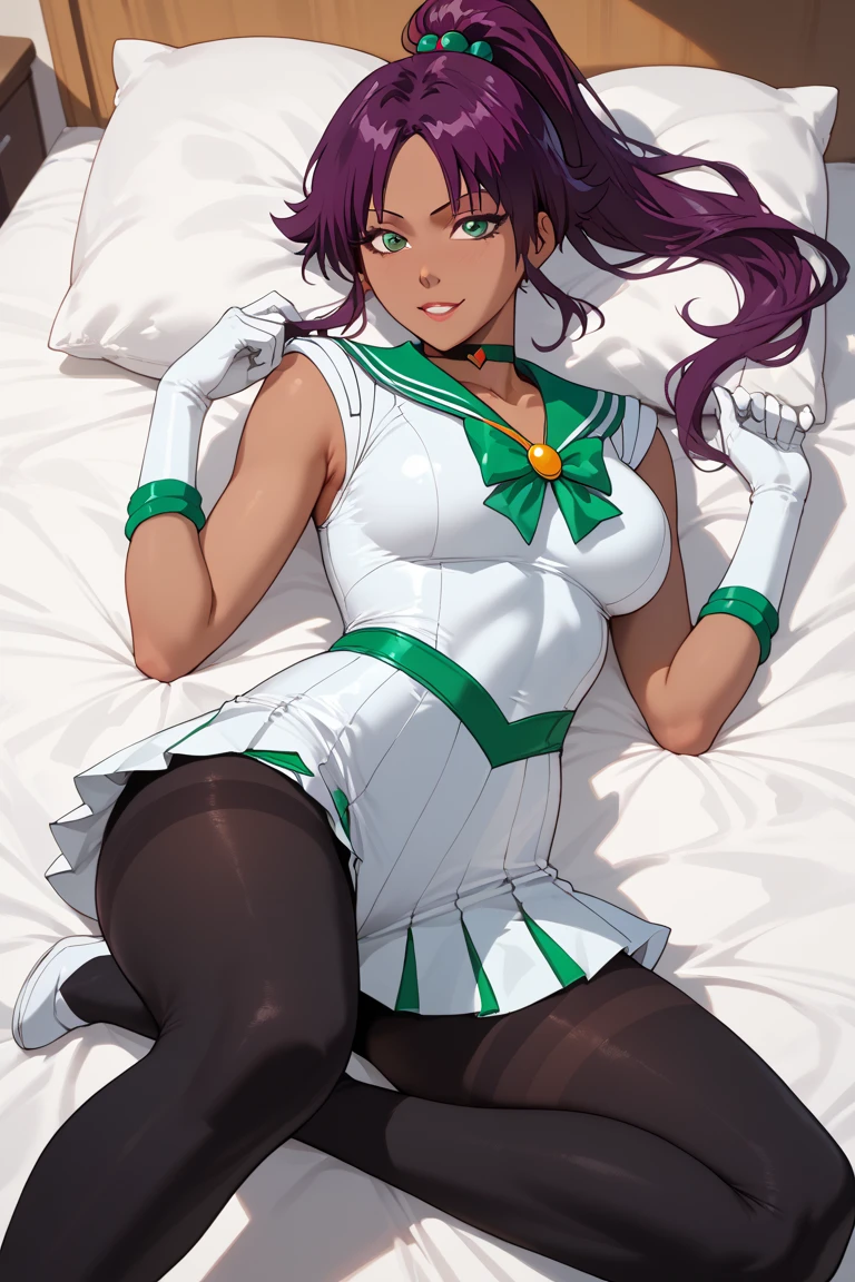  spandex White  body suit　 bed　 invited position 　 sexy　 showing private parts 　 open thighs　 　　zentai　M-shaped legs　yoruichi
   ecstatic expression　　　　　　　　　　　　　Sailor Jupiter costume　With skirt
black leggings