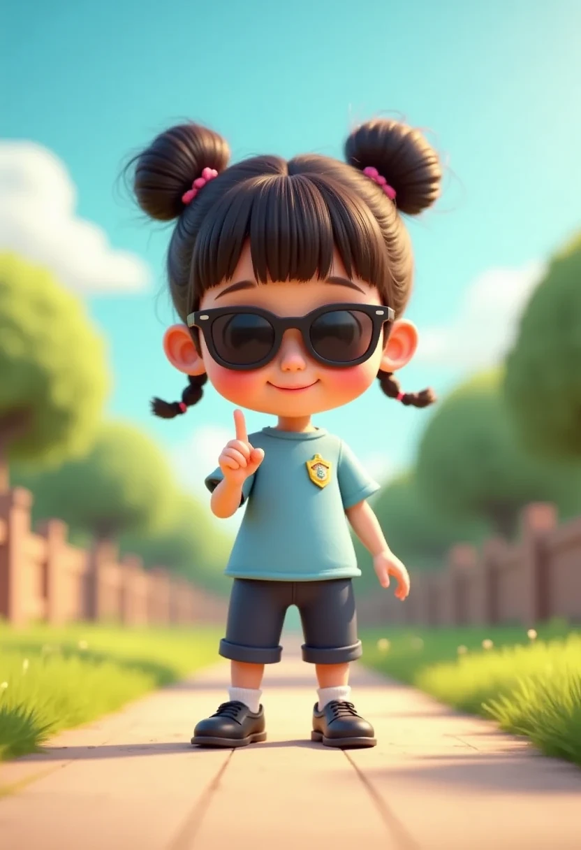 ((picture taken from the front))
The style is 3D animation with a Vibrant color palette, in 3 D animation image of a cute and adorable with her hair into two buns on top and bangs, wearing a light blue police uniform and black long trousers, black shoes, very complete with a police badge, wearing sunglasses, standing, pointing her ring finger forward. police station.