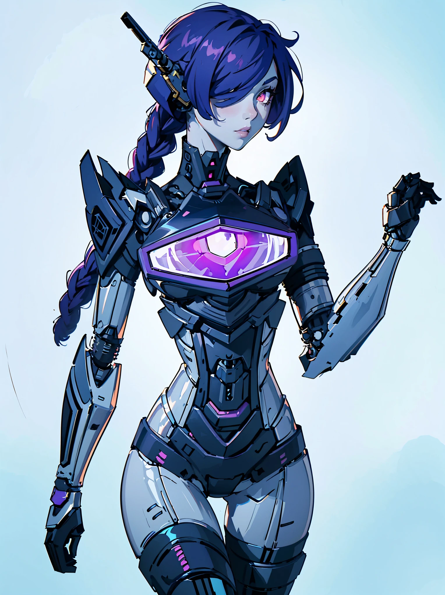 masterpiece, high quality, NSFW, woman, robot, ((upper body)), standing, (exotic mechanical_skin_complexion:1.4), mature, (looking away from the viewer), tall, beautiful, exotic, with long hair, neon purple hair, braided hair, (robotic head with one eye), Shockwave head, glowing red eye, (dark_eyeliner), medium_bust, wearing steampunk lingerie, mechanical body, bare_shoulders, black thong, (thigh_gap), black thigh highs with embroidery, dynamic lighting casts detailed shadows, blank background,