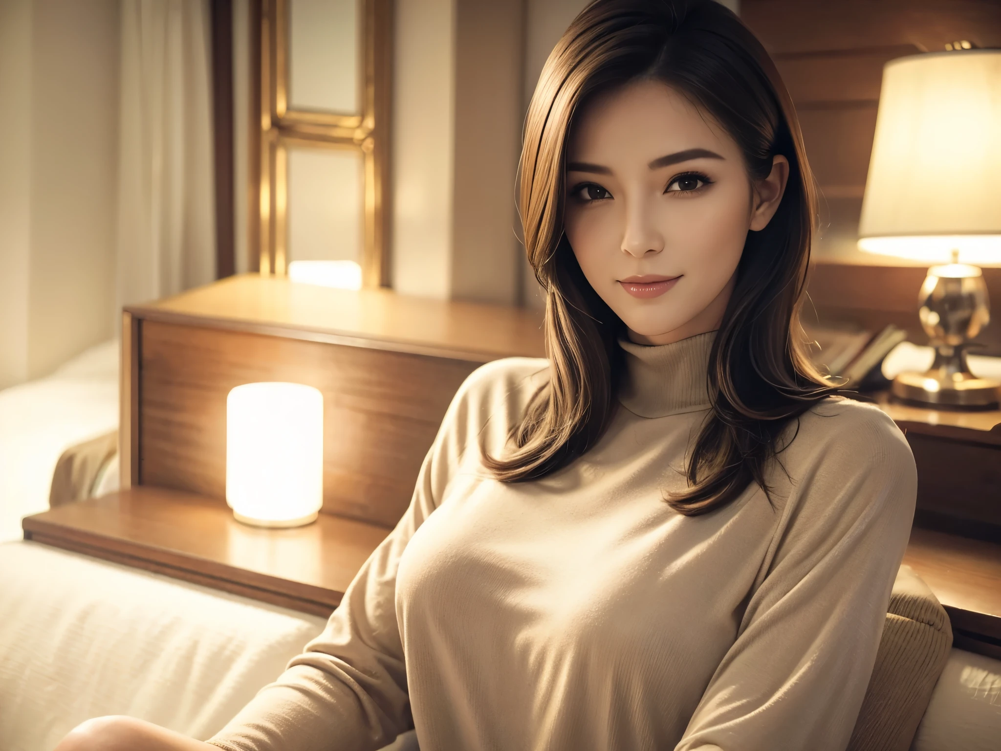 a beautiful young woman in a casual outfit, short hair, lady bikers, detailed face, alluring eyes, full lips, large bust, turtle neck t-shirt, leather jacket, outdoor date setting, soft lighting, warm colors, photorealistic, 8k, cinematic, beautiful detailed eyes, beautiful detailed lips, extremely detailed face and eyes, long eyelashes, intricate clothing textures, elegant posing, warm smile, romantic atmosphere