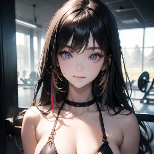 Young , Training with long hair at the gym smiling at the photo, spectator,   multicolored hair ,   black hair,  Micro bikini blonde hair (  best quality, first job, detailed)