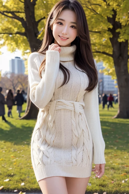 (highest quality,masterpiece:1.3,Ultra-high resolution),(Very detailed、Caustics) (Realistic:1.4, RAW shooting、)Ultra-Realistic Capture、Very detailed、Natural skin texture、masterpiece、(1 Japanese girl wearing a long cable knit sweater:1.3)、Adorable expression、Expressions of Happiness、14 years old、Young Face、Amazingly cute、Knitted hat、Curly Hair、Black Hair、light makeup、Busty and bursting、Shining thighs、Shooting in the winter forest、smile、An inviting gaze、Cowboy Shot、Anatomically correct、Attention to detail、