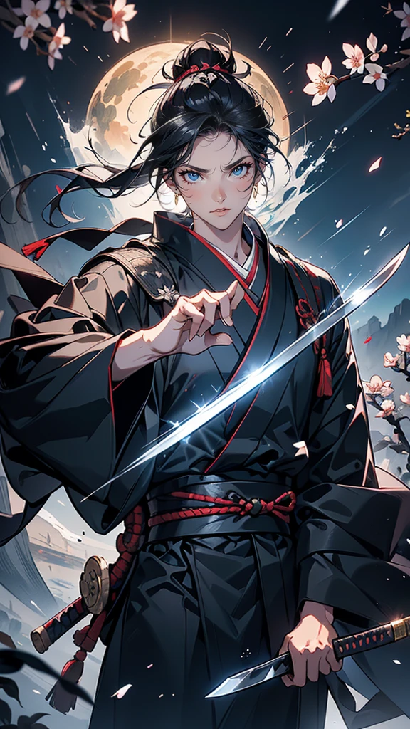 masterpiece, highest quality, (Highly detailed CG Unity 8k wallpaper), (highest quality), (Best illustrations), (Best Shadow),female swordsman, 28 years old, Japanese sword, stance,moonlight, snow, chaos,(((Samurai sword in hand))),((There was blood on my face.:1.3)),((Damaged clothing:1.3)),
