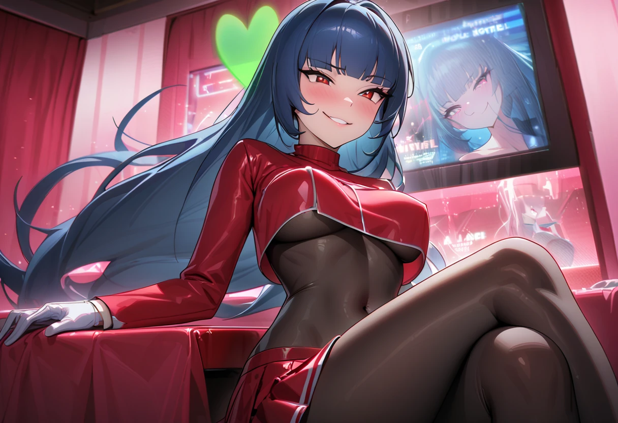 NSFW,frlgsab, blue hair, blunt bangs, very long hair, black bodysuit, red turtleneck, crop top, covered navel, red sleeves, red skirt, white gloves, black pantyhose、A mean smile、Telekinesis、 scattered from the front of the screen、 crosses legs、Inside a love hotel