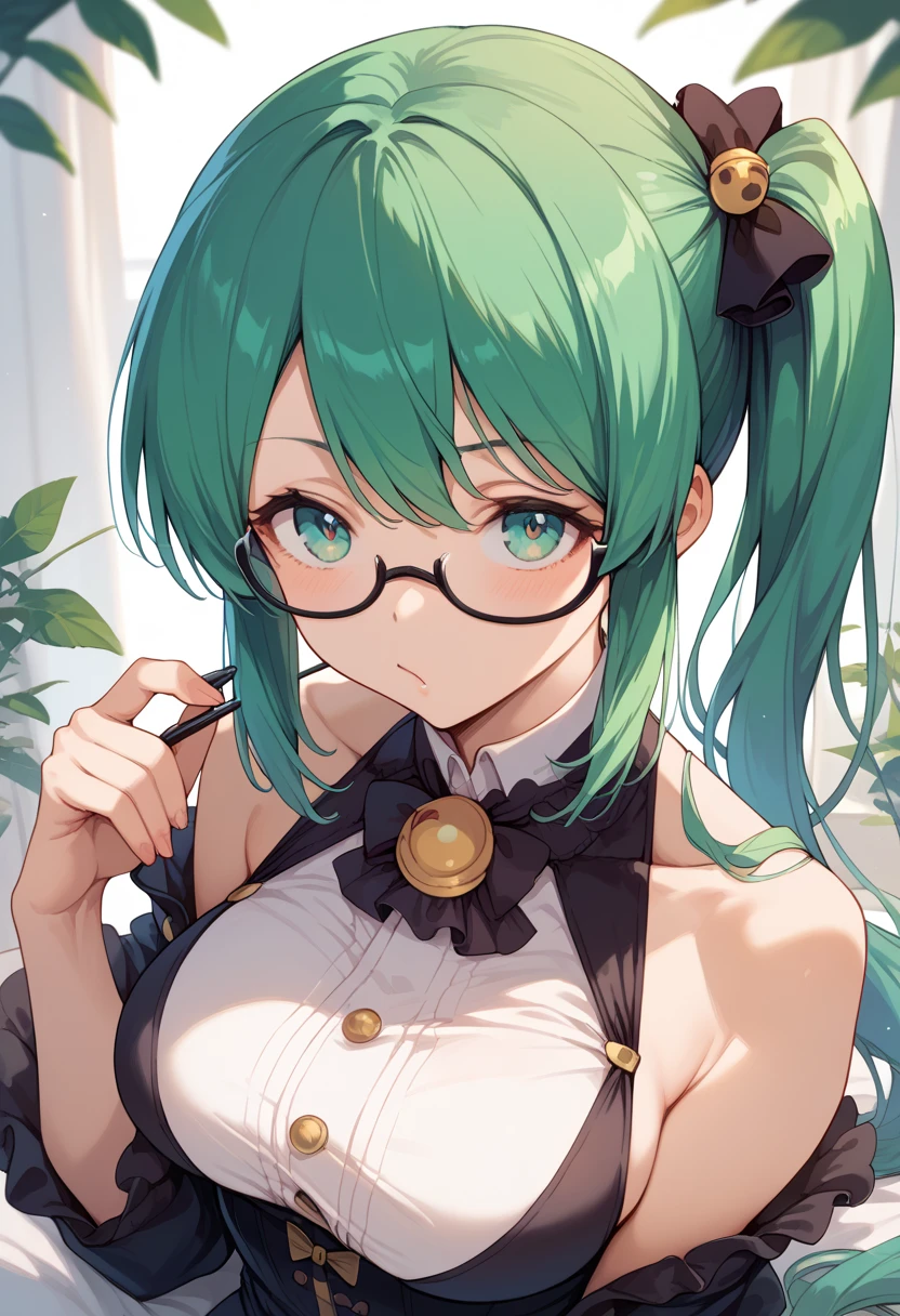 masterpiece, high definition , best quality,8k
(Kagura Suzu, green hair,side ponytail,Glasses)
