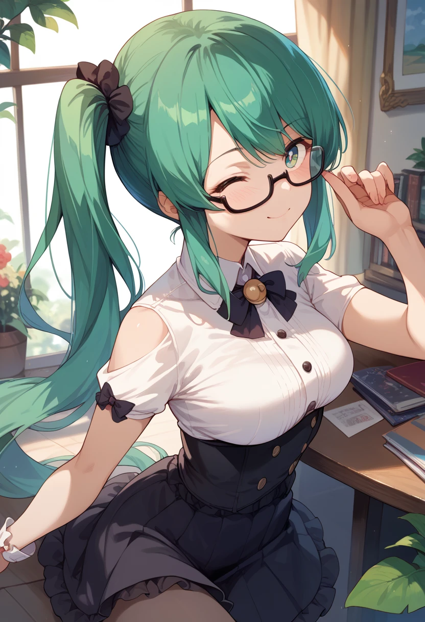 masterpiece, high definition , best quality,8k
(Kagura Suzu, green hair,side ponytail,Glasses)
