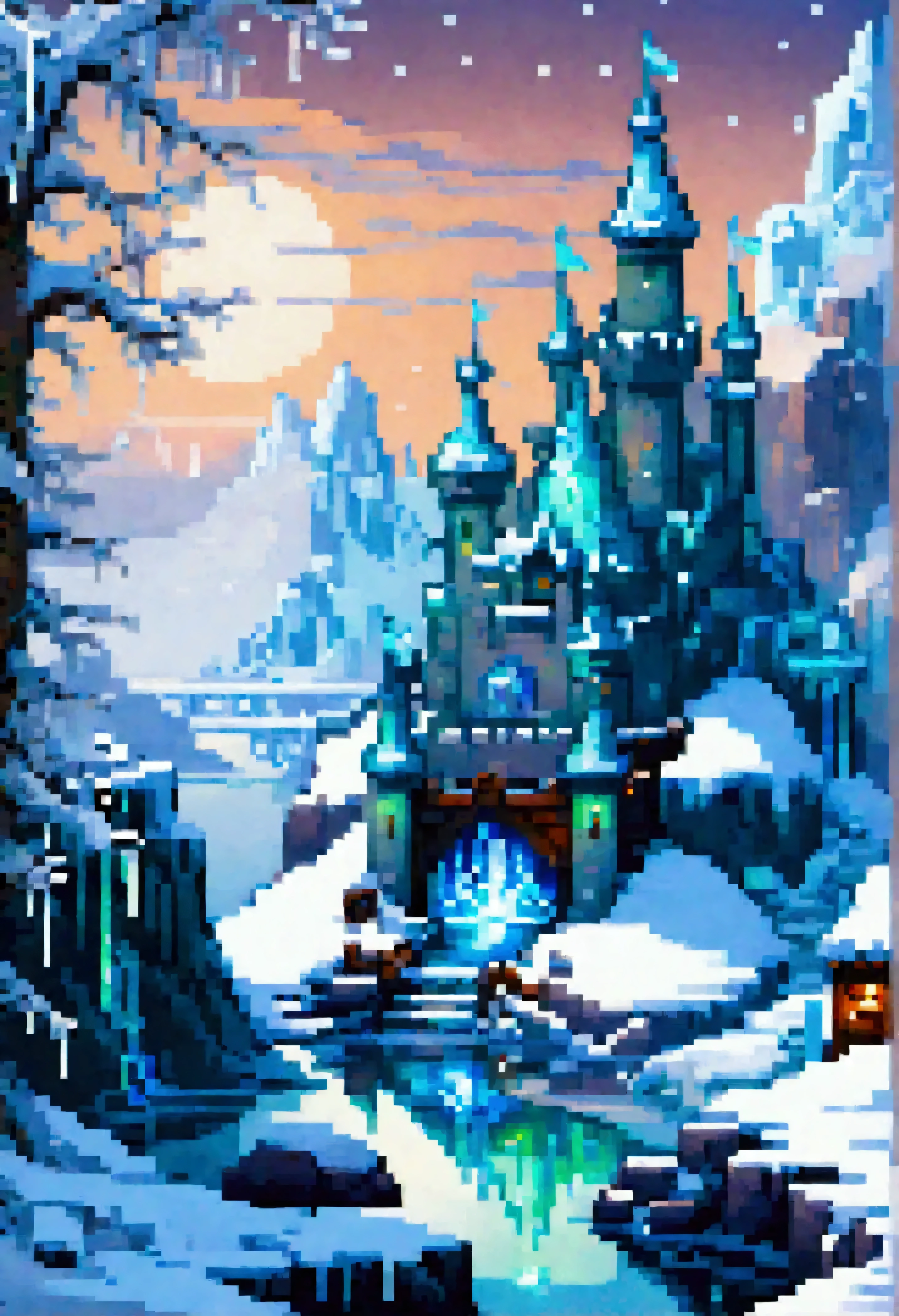 Pixel art style,Frosty atmosphere,illustration,best quality,vast ice kingdom,majestic ice castle,sharp ice spires,glittering icy terrain,deep blue and white hues,snow-covered mountains,crystal-clear frozen lake,glowing northern lights,blizzard in the distance,ancient frozen statues,icy bridges and pathways,ominous and breathtaking winter scenery