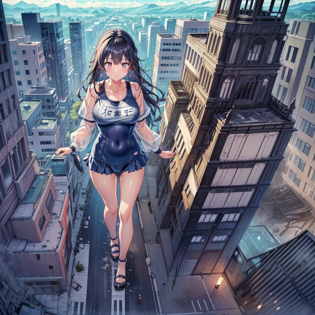 Analog illustration style ((((((A girl in a huge swimsuit is kicking a skyscraper on the street in a city destroyed by an earthquake))))))) ((A destroyed city engulfed in flames) )) ((Fire)) ((Destroyed building)) ((Destroyed car)) ((Pile of rubble)) 90's Giant ((Cloudy sky)) Full body of a huge female girl Destroyed skyscrapers, destroyed cars, crowds Unreal Engine, cleavage, cleavage, earrings, long hair, 1980s (style)