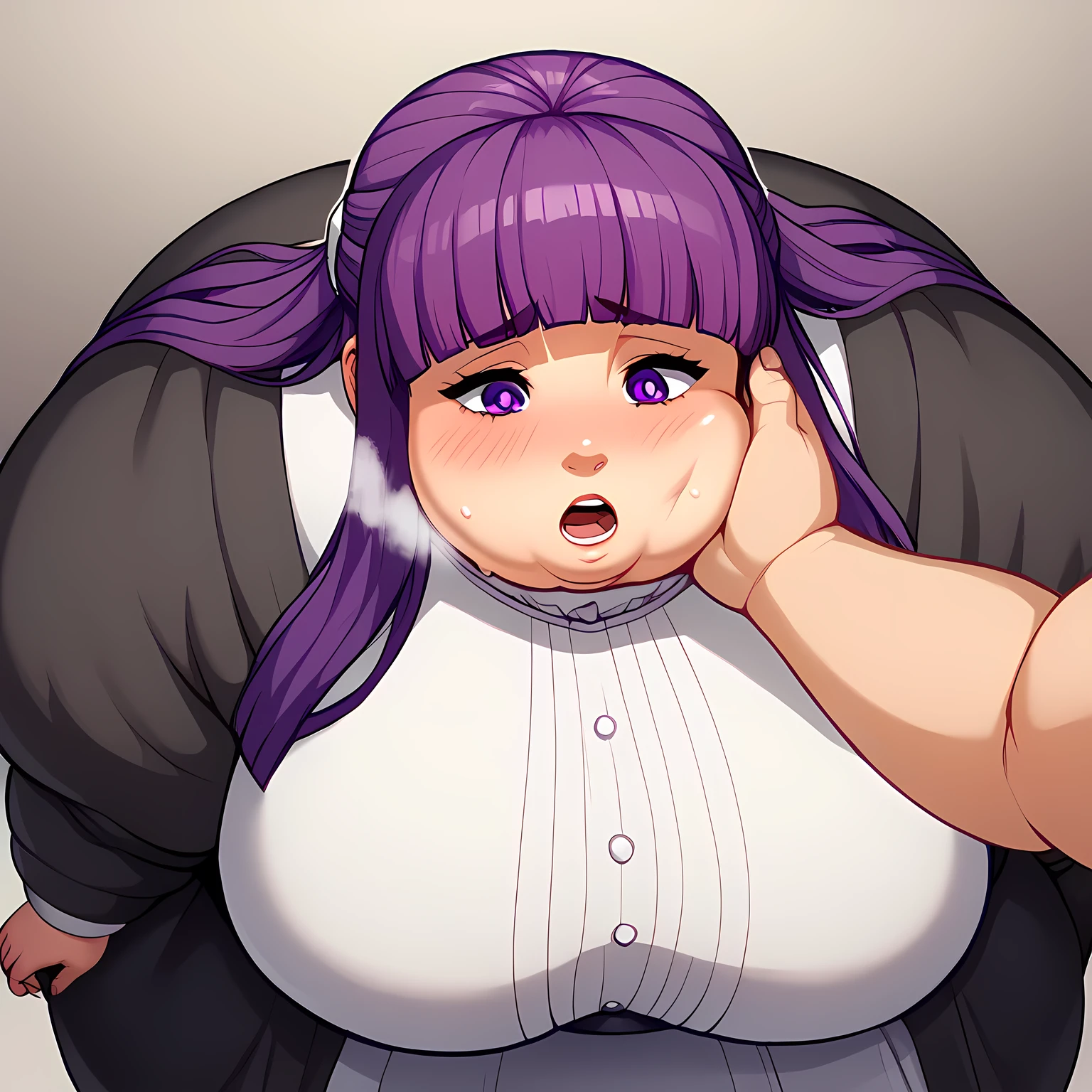 Best Quality、Fern \(Sousou no Frieren\), large breasts, long hair, purple hair, half updo, blunt bangs, purple eyes, fat, chubby, obese, gigantic arms and legs, large breasts open mouth, out of breath
Open robe, long dress, bulging swollen face, fat, chubby, obese, open mouth, out of breath, absurdres, highres icon, rating:General, confused, blush, {flustered}, nervous sweating, portrait, pov hands, hand on another's cheek, averting eyes, [looking away], straight-on, from above,  upper body, masterpiece, best quality, ultra-detailed, high resolution, 8K, , 