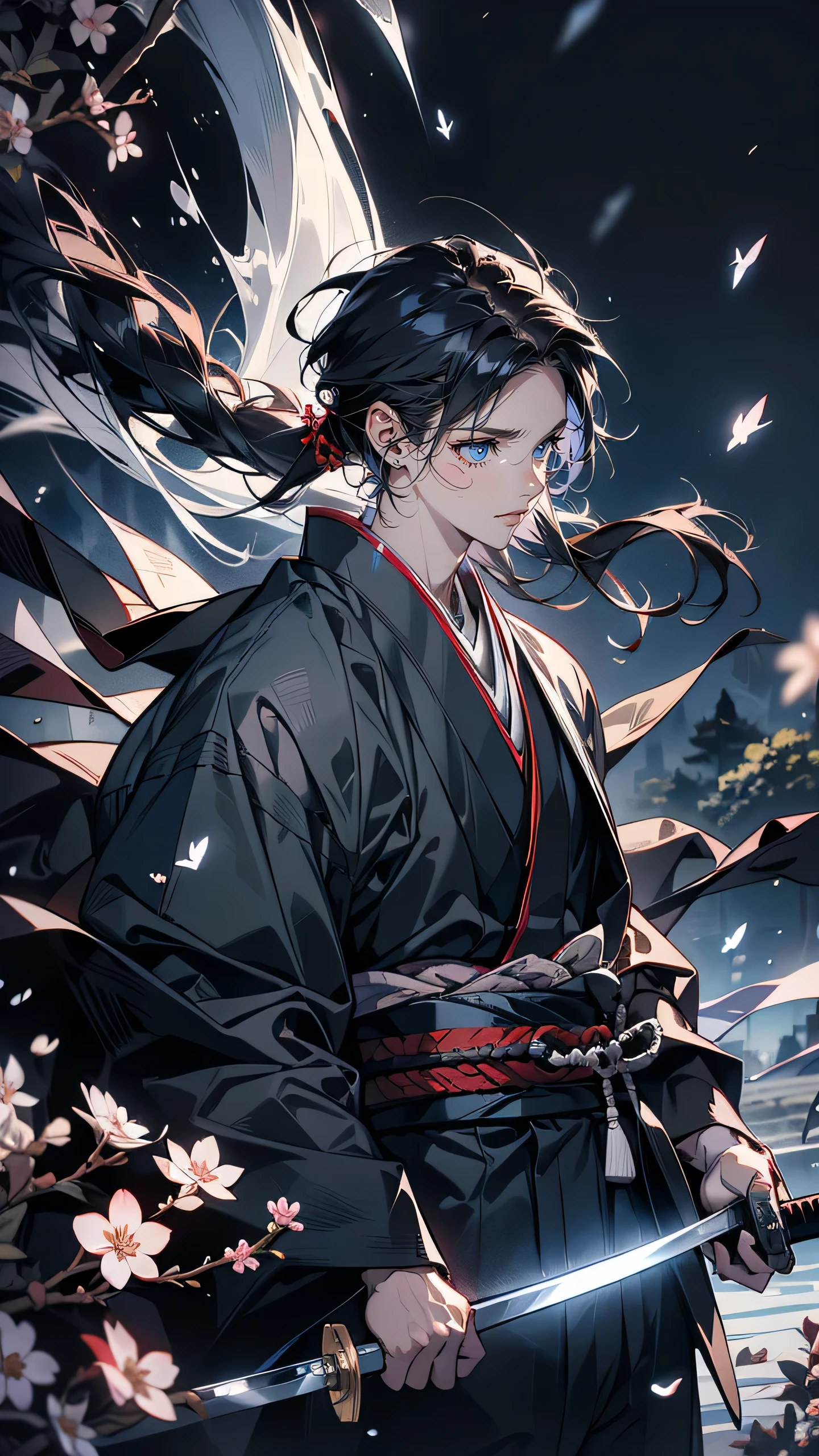 “A young samurai standing on a misty mountain ridge, his stern face illuminated by the pale morning light. He wears a traditional, slightly worn black kimono with subtle silver patterns that symbolize his ‘Mu-Myou Ryu’ sword style. His hand firmly grips a katana with a unique curved blade, designed for swift, precise strikes. His long dark hair is tied in a loose topknot, and his sharp, cold eyes reflect years of determination and inner struggle. The atmosphere is tense, with a light breeze carrying cherry blossoms in the air, symbolizing fleeting beauty amidst impending violence.”
