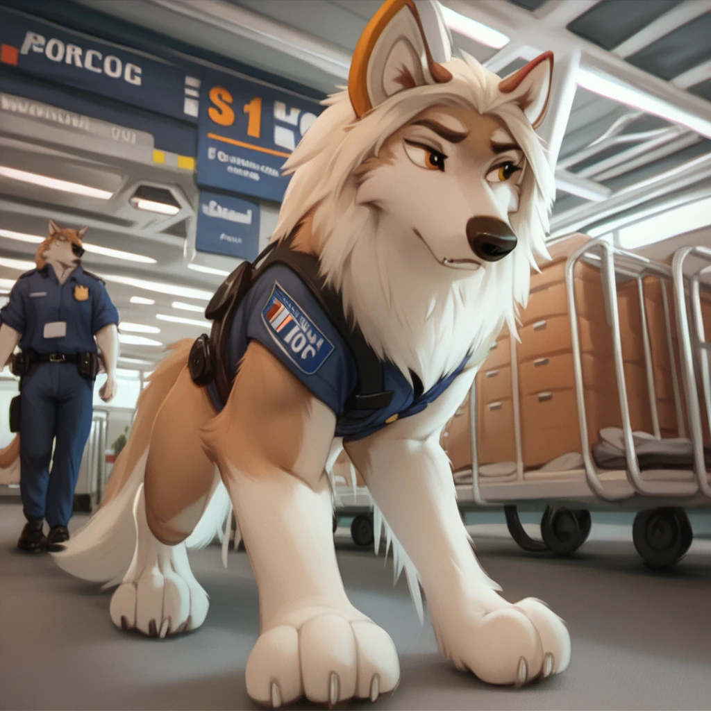 score_9, score_8_up, score_7_up, score_6_up, adult, very long haired, saddleback, tan, white, anthro, furry, wolf, wearing a black police vest, airport cargo room, walking on all fours, crouching, quadruped, white snout 