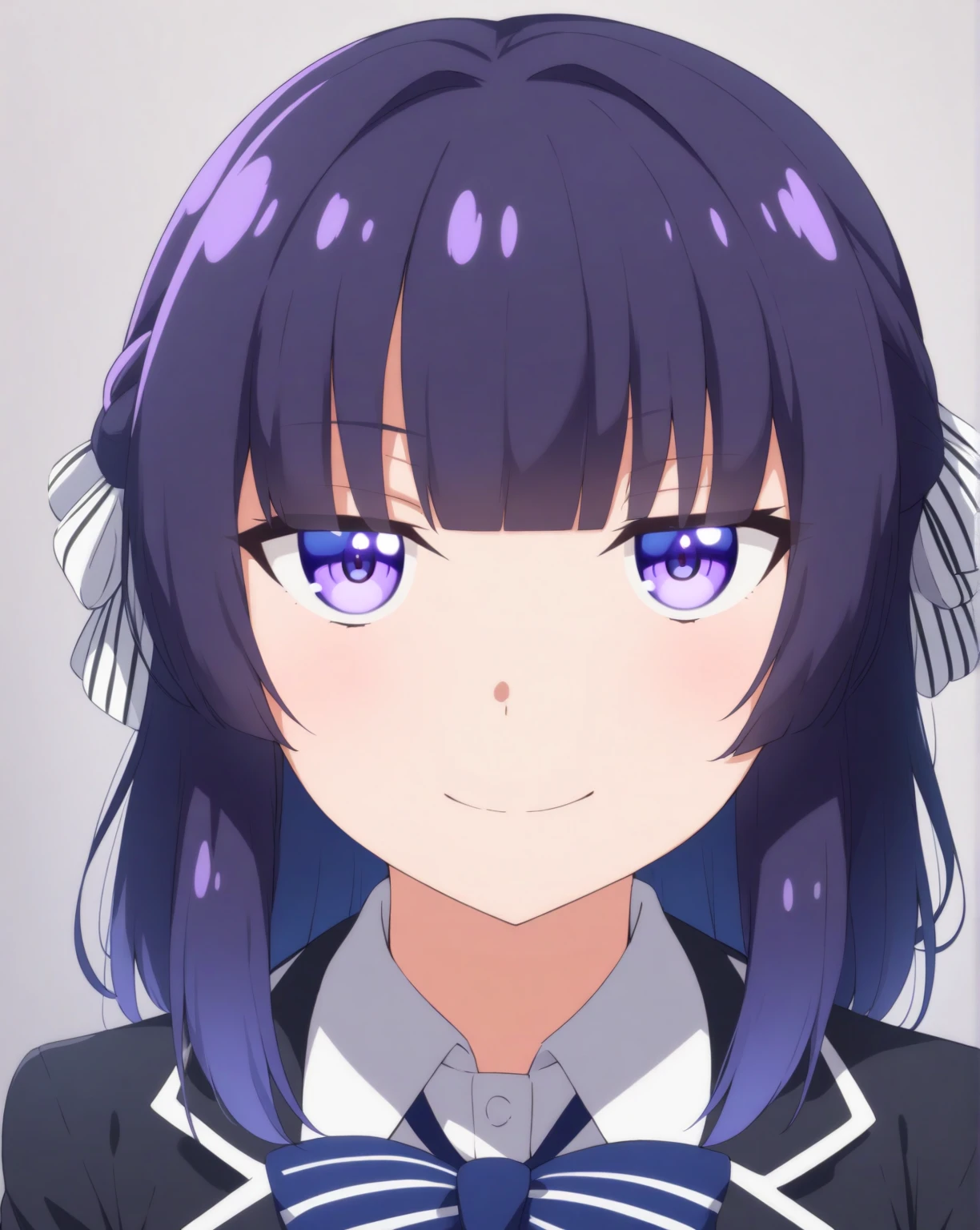 masterpiece, best quality, very aesthetic, absurdres, sakayanagi, 1girl, blunt bangs, jet-black hair with a subtle purple sheen, deep purple eyes, hair ribbons, no hat, no beret, school uniform, black jacket over collared shirt, closed-mouth smile, face focus, vibrant colors, Arisu Sakayanagi hairstyle  