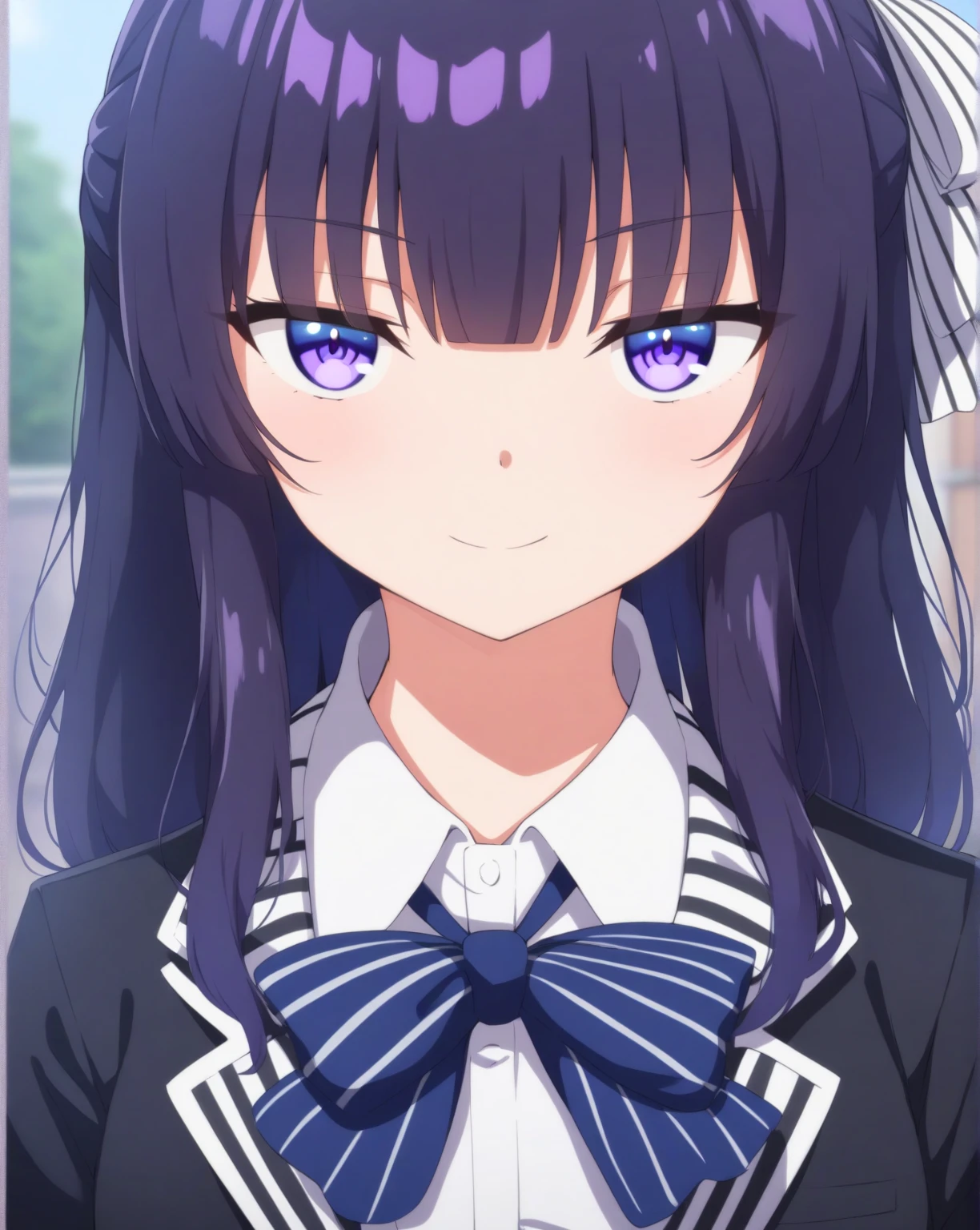 masterpiece, best quality, very aesthetic, absurdres, sakayanagi, 1girl, blunt bangs, jet-black hair with a subtle purple sheen, deep purple eyes, hair ribbons, no hat, no beret, school uniform, black jacket over collared shirt, closed-mouth smile, face focus, vibrant colors, Arisu Sakayanagi hairstyle  