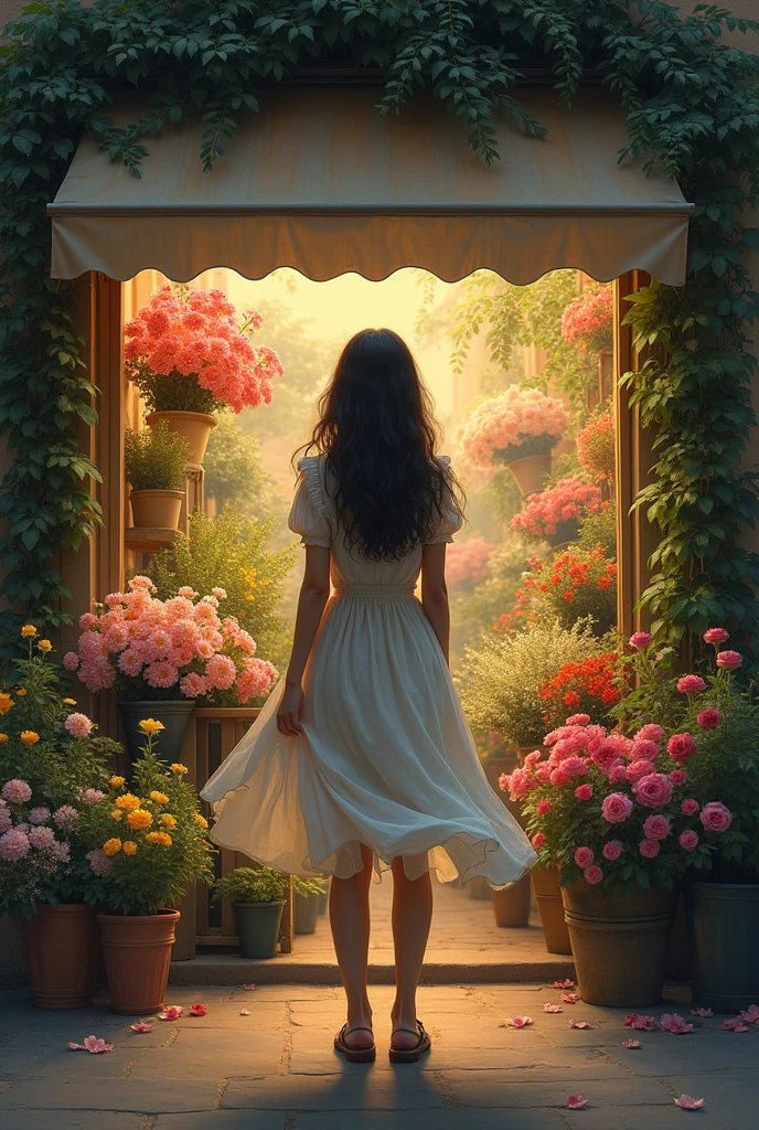 photo of a girl in a dress standing in front of a flower shop with her back turned and her face hidden