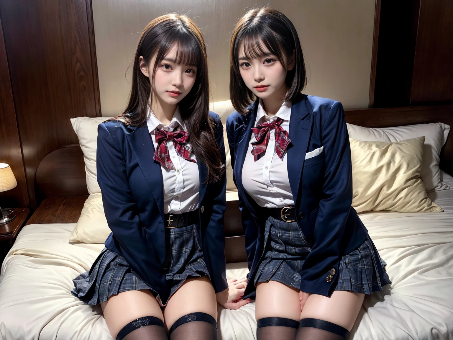 (8K, Raw photography, top-quality, ​masterpiece:1.2), master piece, best quality, illustration, Super detailed, fine details, High resolution, 8K,wall paper, perfect dynamic composition,(Details High quality, realistic depiction of eyes:1.3), ((2 girls, 2 schoolgirls)), The background is a luxury hotel room、High school girl uniform、blazer 、Super Short Check Uniform Skirt、Navy blue high socks、garterbelts、Colossal tits、Disturbed uniform, Play with each other,Touching each other's bodies,Touching the body of the girl next door, short bob hair, black hair color, huge breasts, Big Natural Color Lip, bold sexy pose, (perfect body shape), crying a little、cold gaze,  Beautiful makeup,glitter makeup,Cutest 18 years old, beautiful legs, hposing Gravure Idol, Voluptuous thighs