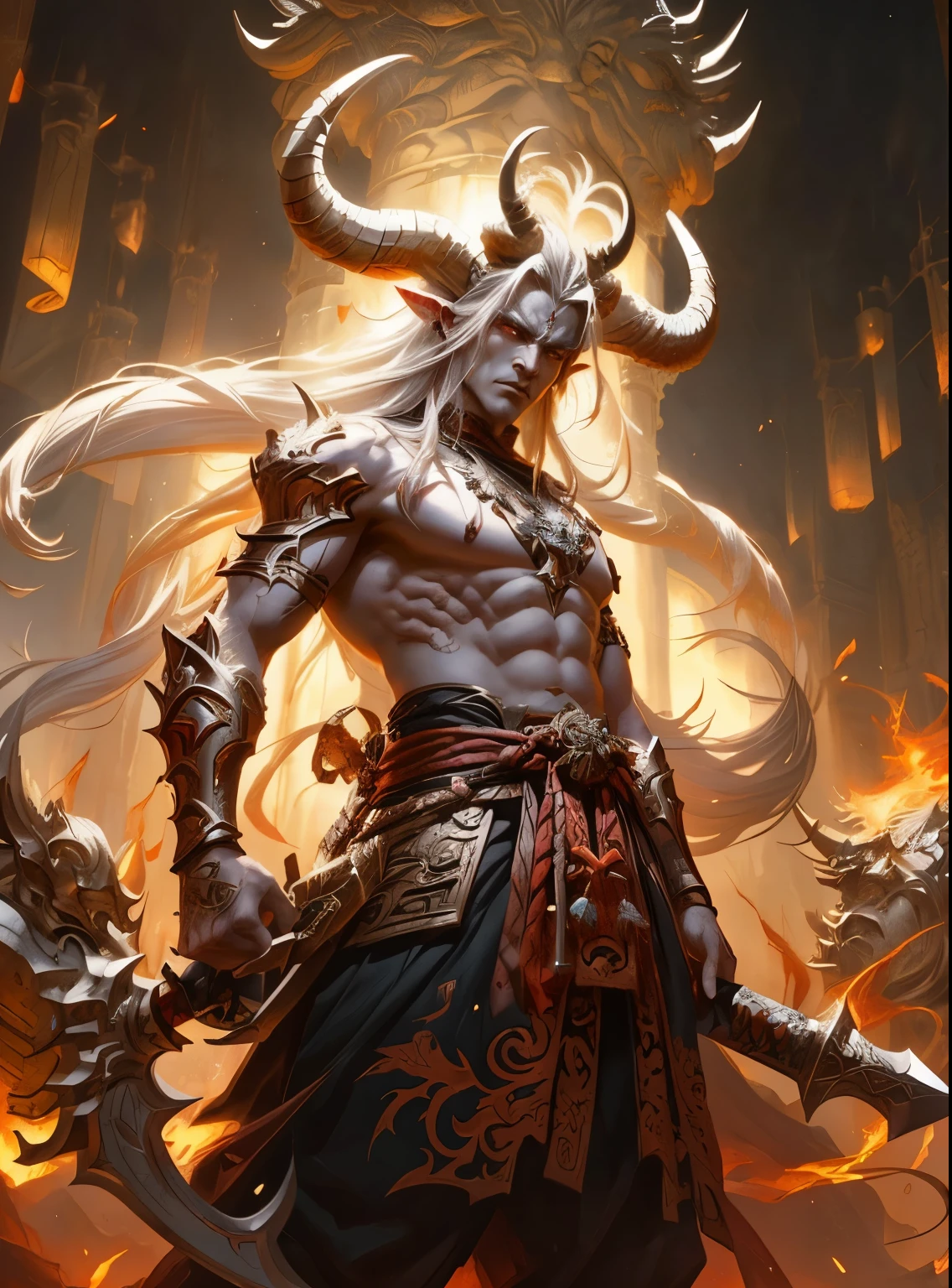 A close-up of a male character with horned head and horns, Suitable for white-haired banshees,Corner of magma material，Heavy beast head and shoulder blades，Magma-eyed animal head and shoulder blades，Bracers， human male demon, djinn man male demon, demon male, male djinn man demon hybrid, demon soul concept art, portrait demon half human, man male demon, demon noble character design, Demon Lord, the former demon king，China-style，White-haired god, painted in the style arcane, Male characters，Delicate belt，China-style，Chinese-style clothing，Refinement，Fine painting，Refinement，infinite details，high definition detail，Patterned，Animal tattoos，Blank background，Bright colors，Metal edging
