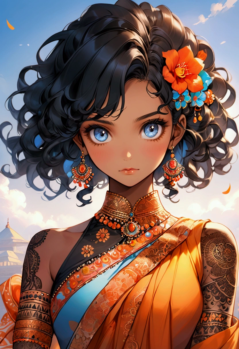 a black-skinned, stern, belligerent-looking with shoulder-length black curly hair, sky-blue eyes, with a "Mehendi" (this is a henna tattoo) on her shoulder.  Her expression is serious. She is dressed in the clothes of the Far East.