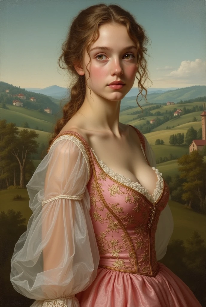 Victorian Hungarian Woman of the 14th century, Hazel hair, Pink lips, Nice feature, Wadim Kashin, james gurney, ink, Splash Art, Amazing beauty , Royo, after sexing, Super detailed splash art modern European oil ink painting, Mid Gorgeous Breasts, Gorgeous Body, oil painting, very detailed Bright Turmaline Green eyes, Blush, Greg Rutowski, (no NSFW image).