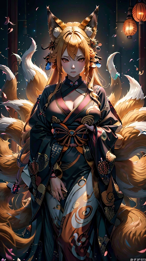 1 beautifull kitsune queen in a gorgeous japaness kimono,blonde hairs in 90s anime style, french braid, hair hide ear, hime cut, very long hair, heart-shaped pupils, animal ears, fox ears,"long orange fox ears with black tips", covering ears, kemonomimi mode,tail emanating(9 tails fox),big boobs, large hips,((fully clothed)),kimono, no nsfw, high detail, depth of field, masterpiece, anatomically correct, high quality, award winning,(masterpiece, best quality),(90s anime aesthetic), 90s, very detailed 90s anime style, 90s anime style,Circa 1995,Tumblr Digital illustration, Faux Retro Aesthetic