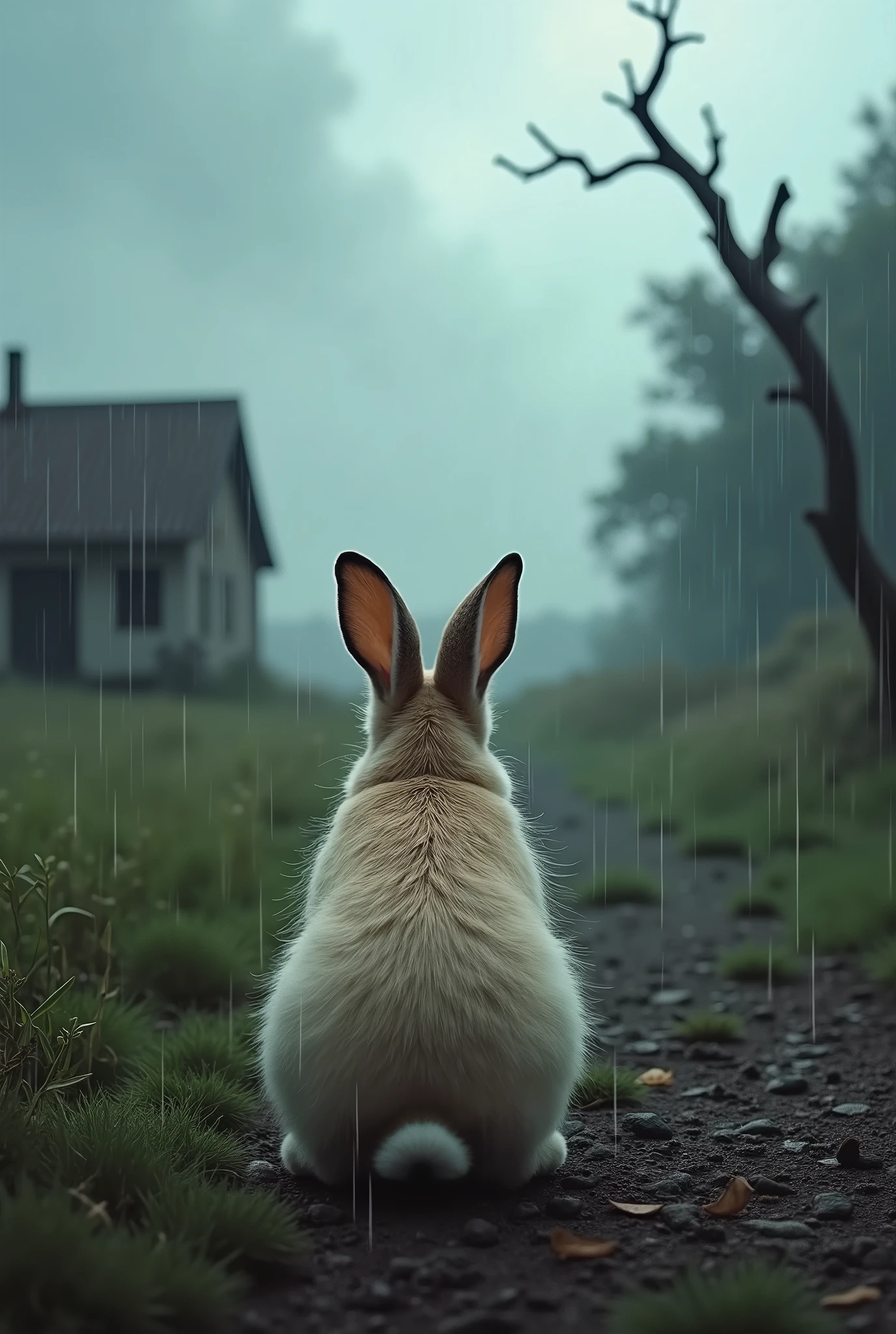 Photographic style, storm\(caught up in a car, broken house, tree\), center of the screen, overwhelming presence, BREAK, rabbit watching the storm, facing backwards, fluffy fur like cotton,[heavy rain:Clear skies:0.3]